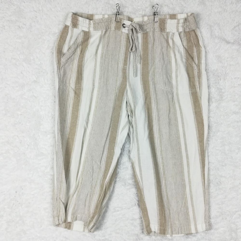 Per Se Womens Pants Capri Linen Blend Beige White Vertical Stripe Plus 1X